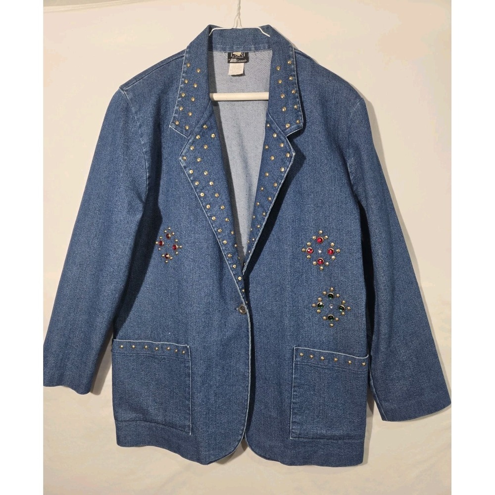 Lori of California Denim Blazer Women Sz 14 Studded Jeweled Vintage Retro 80s
